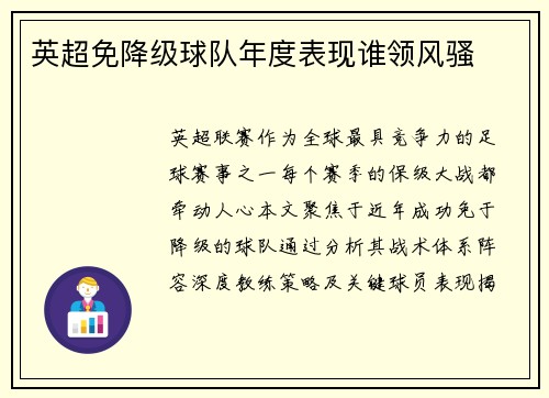 英超免降级球队年度表现谁领风骚